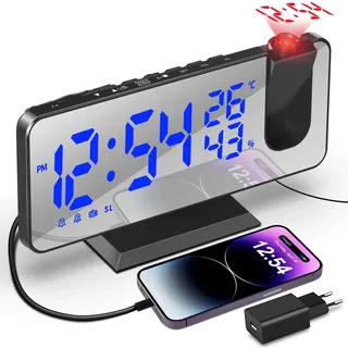 TAKRINK Projektionswecker, Wecker Digital mit 180° Projektion, Blau | 5,5 Zoll LED-Display, 12/24H, FM-Radio, Snooze 5–60 Min., 4 Helligkeiten, USB-Ladeausgang