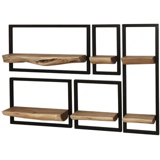 Wandregal Bordna Akazie massiv, Industrial Design mit Metallrahmen, Natur, 5er-Set, 6 Ablagen