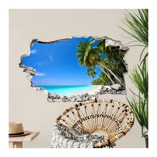 K&L Wall Art Wandtattoo 3D Wandtattoo Aufkleber Badezimmer Paradise Ausblick Palmen Strandurlaub, Mauerdurchbruch Wandbild selbstklebend blau 120 cm x 73 cm
