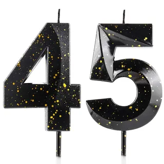 Geburtstagskerzen zum 45 Geburtstag, 3D, Schwarz/Gold, Premium-Wachs und 3D-Diamant-Design, Kuchendekoration, Dekoration für Geburtstagsparty, Hochzeitstag, Feier, Zubehör