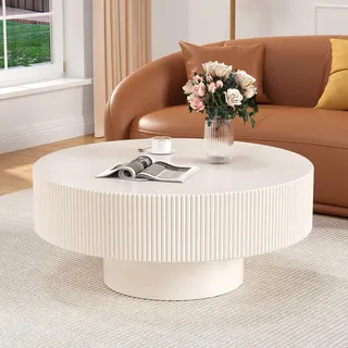 Runder Trommel-Couchtisch (Hellweiß 78,5 cm) | Modernes gerifftes Holz-Tee-Tisch, zeitgenössischer Mitteltisch für Wohnzimmer