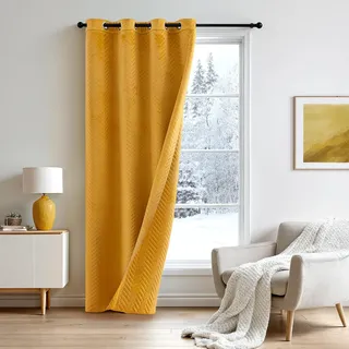 MIULEE Thermovorhang Türvorhang Doppelter Samt Vorhänge Verdunkelnd Samt Gardinen Blickdicht - Wärmeschutz Verdunklungsvorhang mit Ösen für Wohnzimmer, H200 x B132 cm, Senfgelb, 1 Stück