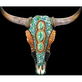 Figuren Shop GmbH Wanddeko Totenkopf Kuh mit Western Mosaik 31,5 cm groß - Relief mit Hörnern | Trophäe Kopf Rind Longhorn Bulle Büffel Schädel Indianer Cowboy USA Deko