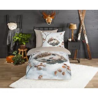Kinderbettwäsche GOOD MORNING "Jussi", weiß (grau), B/L: 135cm x 200cm, 1 Stk., 1 Stk., Flanell, B/L: 80cm x 80cm, 2 Stk., Flanell, Obermaterial: 100% Baumwolle, Bettwäsche, Flanell Biber, 135x200, Warm, Reißverschluss, Wende, Kind, Igel