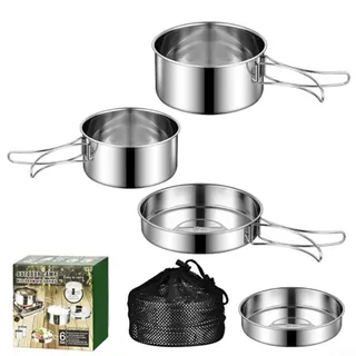 Getdoublerich 304 Edelstahl Camping Kochgeschirr Set - 4-teiliges tragbares Outdoor-Topfset mit faltbarem Griff für Rucksackreisen / Wandern (geeignet für 2-3 Personen)