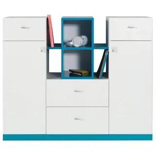 Furniture24 Kommode MOBI MO10 mit 2 Türen und 4 Schubladen (Weiß/Türkis)