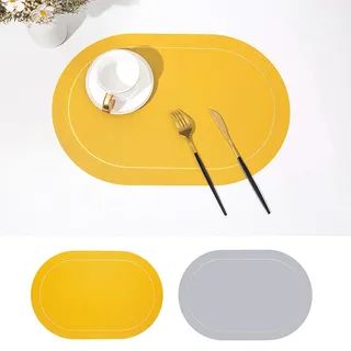 Ueiwffzo 4er/6er Set Tischsets Leder Platzsets Abwaschbar Oval, rutschfeste Platzdeckchen Doppelseitig Untersetzer Esstisch Tisch Deko für Haus Hotel Küche (Gelb+Grau,6 Stück)