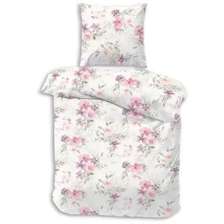 DOBNIG Bettwäsche Flanell, Flanell, 2 teilig, rosa Blümchen, weißer Hintergrund rosa