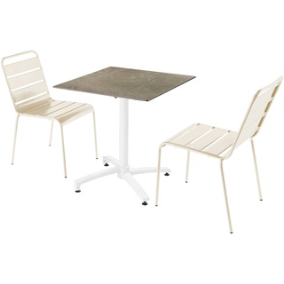 Oviala Business Set Terrassentisch Laminat Marmor beige mit 2 Stühlen Elfenbein