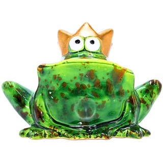 Lustiger Deko-Frosch mit Goldener Krone/Froschkönig, aus Keramik, in grün, für Heim, Garten, Terrasse oder Teich, Größe: L/B/H ca. 6 x 12 x 9 cm