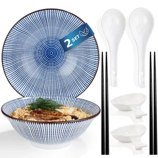 Urban Lifestyle Ramen Schüssel Set für 2 Personen TOKUSA Asiatisches Geschirr im japanischen Stil aus Porzellan Ø 20,5 cm 1000 ml mit Ramen Bowls, Essstäbchen, Löffel & Dipschalen