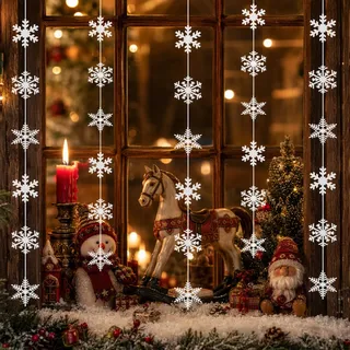 2 Stück Schneeflocken Deko Girlande, Weiße Papier Winterdeko Hängend | Für Weihnachtsdeko Fenster, Decken und Innenräume, faltbare Weihnachtsbaum Dekoration