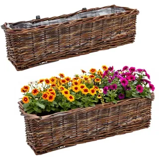 Spetebo Blumenkasten Rattan Balkonkasten eckig mit Folie (natur dunkel, 2 St., Stück), Rattan Blumenkasten mit Aufhängung für Geländer bis 3,5 cm