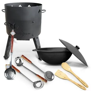 Utschak Feuerofen mit Gusseisen Topf runder Boden mit Deckel (16 L) KazanoFF, Uchag Feuerofen Gusseisen Kazan Kasan Schaumlöffel x 3Stk, Holzlöffel, Spachtel. Schöpfkelle(Set 16-2)