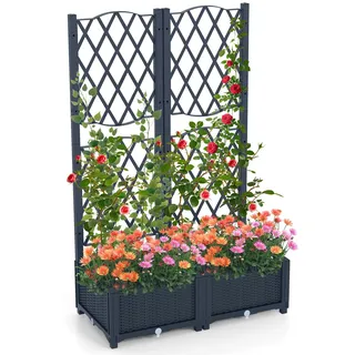 COSTWAY Blumenkasten mit Rankgitter, Pflanzkasten für Kletterpflanzen, Pflanzkübel mit Sichtschutz, Hochbeet mit Spalier & Selbstbewässerung, Blumenkübel für Garten Hof Balkon, Grau (80 x 40 x 122 cm)