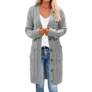 2025 Strickjacke Damen Lang Winter Langarm Strickmantel Grobstrick Long Cardigan Festlich Leicht Grobstrickjacke mit knöpfen