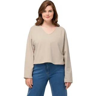 Ulla Popken Damen große Größen Übergrößen Plus Size Sweatshirt, kurz, V-Ausschnitt, Langarm, Biobaumwolle 822123 - 54-56