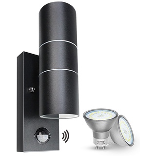 Wondlumi Aussenlampe mit Bewegungsmelder Schwarz GU10 Außenlampe LED Up und Down IP44 Modern Außenleuchte 230V inkl.2x 5W Warmweiß Glühbirne, 1 Stück