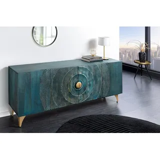riess-ambiente Sideboard GOLDEN SUNSET 180cm türkis/gold - Mango-Massivholz, Metall, handmade (Einzelartikel, 1 St), Extravagante Kommode m. 3D-Schnitzereien - ideal f. Wohnzimmer & Flur grün