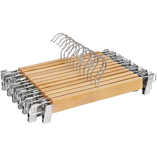 SONGMICS Hosenbügel aus Holz, 12 Stück, Hosenbügel mit Clips, verstellbare rostfreie Metallclips, 360° drehbarer Haken, Rockbügel für Hose, Röcke, Slacks, natürliche Maserung UCRW008-12