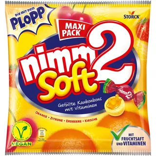 nimm2 soft, gefüllte Kaubonbons - 1 x 345 g | Softe Bonbons in den 4 Sorten Zitrone, Orange, Kirsche & Erdbeere, Süßigkeit mit Fruchtsaft & Vitaminen, vegan