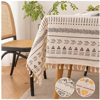 Sunicol Tischdecke Leinenoptik Tischdecke mit böhmischer Quaste, Wasserdicht, Öldicht, Vintage, Geometrische, für Küche Esstisch Dekoration 140 cm x 140 cm