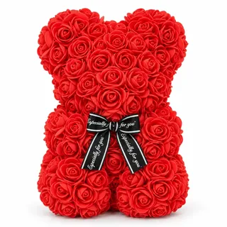 Brandsseller Rosenbär 25x16 cm handgefertigter Teddybär aus Kunstblumen Geburtstag Muttertag Rot