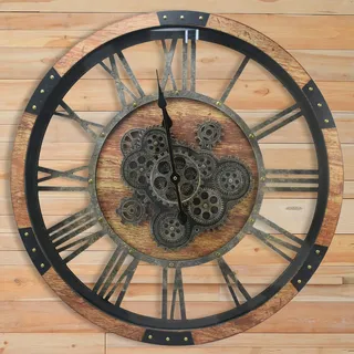 DORBOKER Große Wanduhr mit beweglichen Zahnrädern, übergroß, Vintage, industriell, rustikal,Landhausstil, für Wohnzimmer, als Dekoration, für Büro, Zuhause, Massivholz, HD-gehärtete Glasabdeckung,
