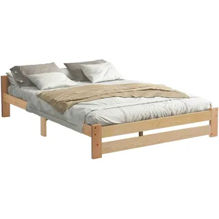 Merax Futonbett Holzbett Doppelbett 140x200 aus Kiefernholz mit Kopfteil & Lattenrost für Schlafzimmer Beige