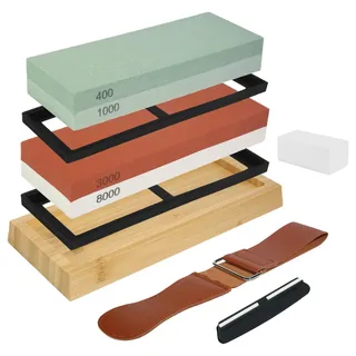 Premium Schleifstein Set für Messer – 400/1000 & 3000/8000 Wetzsteine, Japanischer Messerschärfer, Abziehstein für Feines und Grobes Schärfen, Ideal für Küchenmesser, Jagdmesser, Taschenmesser & Mehr