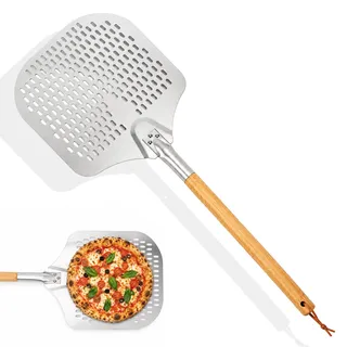 Slymwick Pizzaschieber Perforiert 12 Zoll, Pizza Schieber aus Aluminiumlegierung mit abnehmbarem Griff 80 cm, Pizzaschaufel für Pizza, Brot, Pizzabrot, Backofen, Grill und Küche