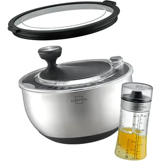 SILBERTHAL Salatschleuder Edelstahl mit Deckel 4,7 L mit Dressingshaker | Glas 300ml im Set zum Servieren und Anrichten zu Festen und Partys - Hochwertiges Geschenkset