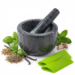 Schwarzer Marmor Mörser Mit Stößel, 14,5Cm Mörser Set Mit 2 Knoblauchschäler Für