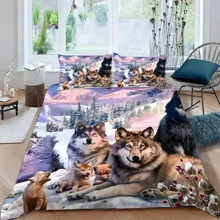 MUNOOR Wolf Kinderbettwäsche Jungen Mädchen 135x200 Waldtiere Bettbezug mit Reißverschluss 3D Weich Mikrofaser Bettwäsche-Sets Zimmer Dekor Bettbezüge mit 2 Kissenbezüge 80x80