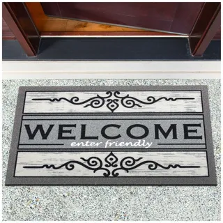 ANRO Schmutzfangmatte Fußmatte Schuhabstreifer Türmatte Schuhmatte Gummi Fußabtreter rutschfest für außen, innen, Eingangsbereich Welcome Friendly Grau 40x68cm