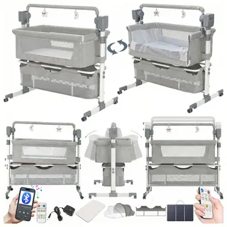 Magic ZC Elektrische Bluetooth Intelligent Beistellbett Baby mit Rollen, Faltbar Co-Sleeping Babybett, Fernbedienung und 5-schwankende Zahnräder, Stubenwagen Kleinkind Wiege mit Musik (601 Light Grey)