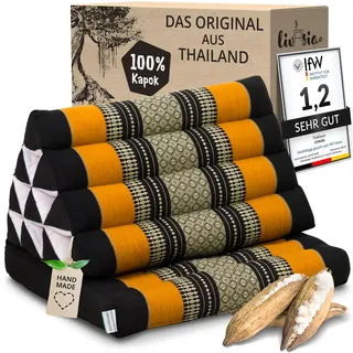 livasia Thaikissen mit 1 Auflage - 75x50x8cm - Dreieckskissen mit Sitzkissen, Keilkissen mit Kapok, Rückenkissen faltbar, Thaimatte zum Klappen, handgefertigt, Meditationskissen (Schwarz/Orange)