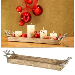 itsisa Holz Tablett länglich 60 cm mit Hirsch Geweih Henkel - Serviertablett, Dekoteller, Vesperteller, Jäger