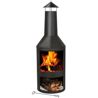 BBQ Collection Terrassenofen mit Schornstein - Feuerstelle 44,5 x 44,5 x 134 cm - Gartenkamin für Brennholz - Gartenofen mit Funkenschutz und Holzablage - Terassenofen Außen - Karbonstahl