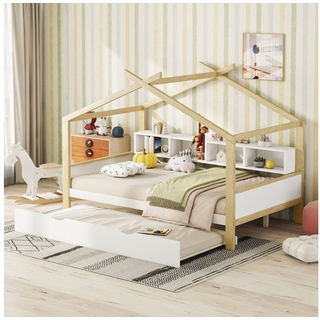 SOFTWEARY Hausbett mit Lattenrost, Gästebett und Regal (140x200 cm), Kinderbett, Holzbett weiß