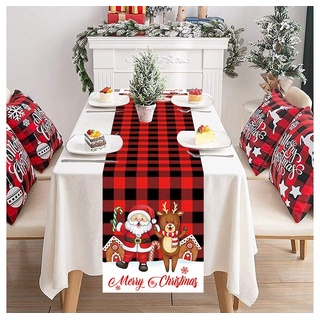 Juoungle Tischdecke Vintage Plaid Weihnachten Tischläufer 33 × 183 cm, Weihnachtsdeko rot