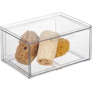 mDesign weite Aufbewahrungsbox mit Schublade – stabile Schubladenbox aus Kunststoff zur Make-up Aufbewahrung – Stapelbox für Kosmetik, Accessoires und mehr – durchsichtig