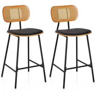 FANTASK Tresenhocker Set 2 Stück, Barhocker mit Rattan Rückenlehne & gepolstertem Sitz, Barstuhl mit Fußstütze bis 140 kg tragfähig für Küche Wohnzimmer Café, Schwarz+Natur