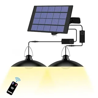 Solar Hängelampe IP65 Wasserdicht Solarleuchten für Außen mit Fernbedienung Doppelköpfige Hängend Solarlampen 3000K Warm Weiß Solar Pendelleuchte mit 3M Kabel für Pavillon Balkon Terrasse Garten