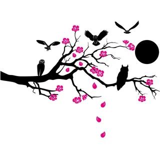 Wandtattoo mit Ast Zweig Kirschblüten 115x52cm Wandbild personalisiert Aufkleber selbst gestalten für Garderobe Flur Eingang Wohnzimmer Schlafzimmer Wandaufkleber Deko Baum (01 Eule, Ohne Wunschtext)