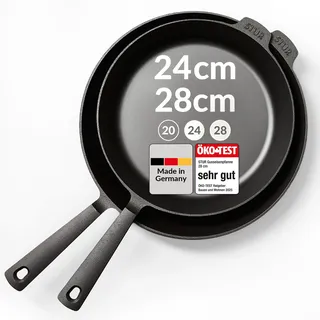 STUR - ORIGINAL Gusseisenpfanne Induktion Set 24cm & 28cm - Cast Iron Pan für alle Herdarten - Pfanne Gusseisen fein geschliffen - Made in Germany - Natürliche ANTIHAFT-BESCHICHTUNG & kratzfest
