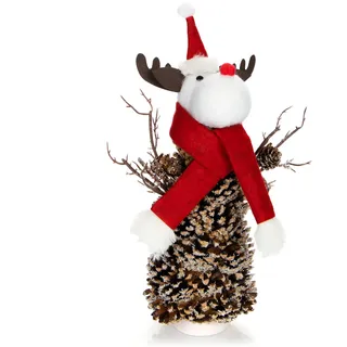 COM-FOUR® Rentierfigur Rudolf Größe L, winterliche Elch-Figur mit Tannenzapfenkörper, weihnachtliche Dekoration, hinreißende Tischdeko zur Adventszeit (Rentier L weiß rot)