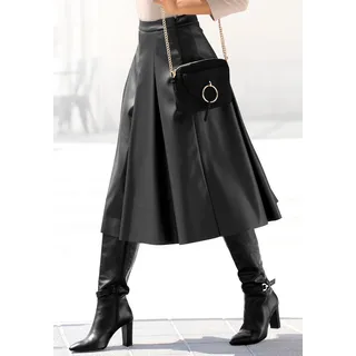 Lederimitatrock LASCANA Gr. 38, schwarz Damen Röcke Lederimitatröcke in Midilänge, hochgeschnittener Faltenrock, casual-chic