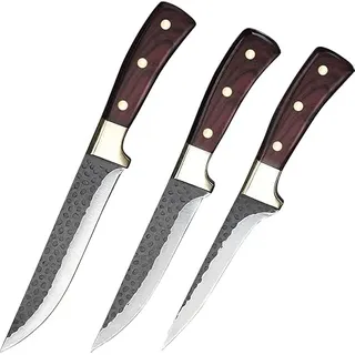 Welan Professionelles Metzger-Messerset 3-teilig, Aus Fleischermesser (30cm), Hackbeil (28cm) & Ausbeinmesser (27cm), Handgeschliffen & Extrascharf, Ergonomischer Holzgriff inkl. Lederscheide