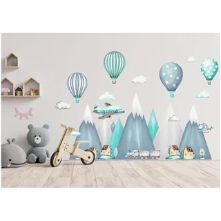 Wandtattoo kinderzimmer berge Nordic Bergen Aufkleber Wandaufkleber Kind Baby Kindergarten Zimmer Gebirge luftballons Ballons Ballon Wolken Wolke Landschaft Wanddeko Baby Kinder Flugzeug XXL